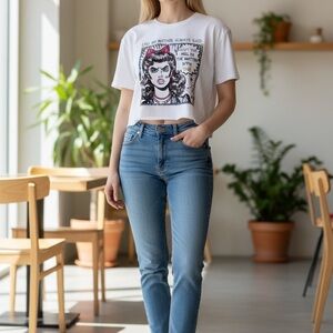 Graphic White custom handmade rhinestoned Crop Top